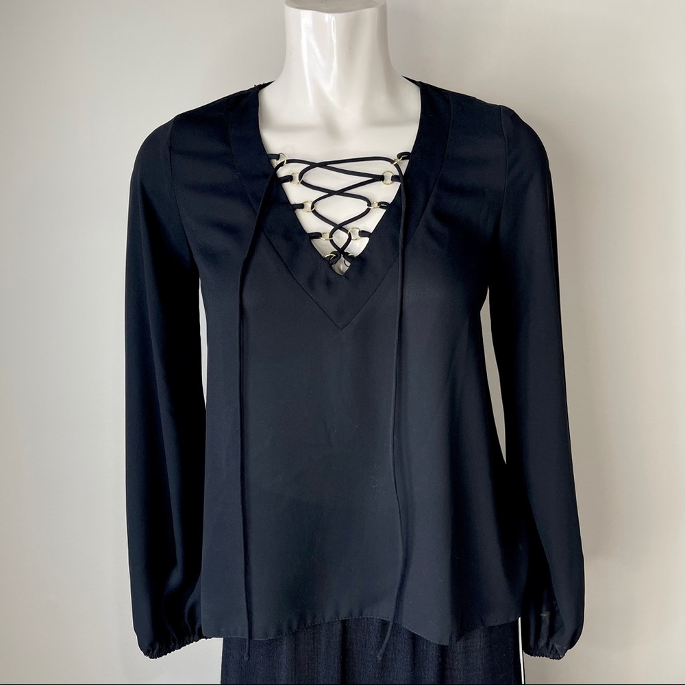 ESSENTIAL blouse ATMOSPHERE top solid black TIE UP FRONT 2  dressy top - Picture 2 of 11